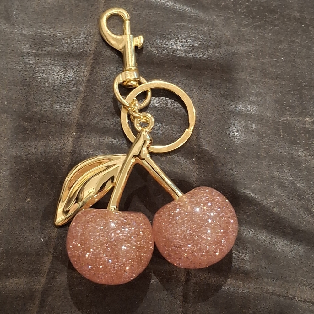 Gold Pink Cherry Keychain Bag Charm - Picture 2 of 10